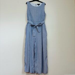 Tahari High Rise Linen Blend Blue White Striped Sleeveless Wide Leg Jumpsuit 14